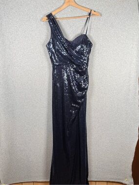 Cache Dress Womens 4 Blue Sequin One Shoulder Maxi Prom Gala